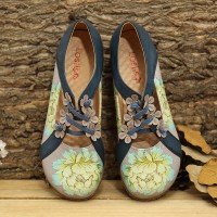 LOSTISY Flower Pattern Elastic Band Round Toe Splicing Retro Casual Flats