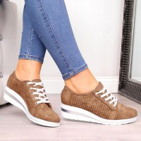 Large Size Women Casual Solid Color Round Toe Lace Up Wedges Loafers